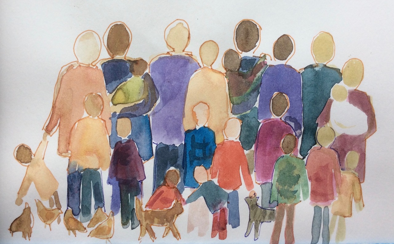 watercolor of diverse people standing together